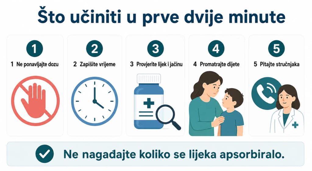 Pet koraka nakon što dijete povrati sirup: ne ponavljati dozu, zapisati vrijeme, provjeriti lijek, promatrati dijete i pitati stručnjaka